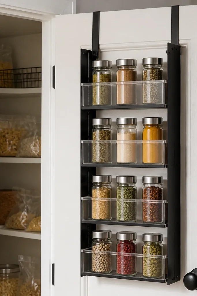 Clear spice rack mounted inside pantry door with small jars labeled