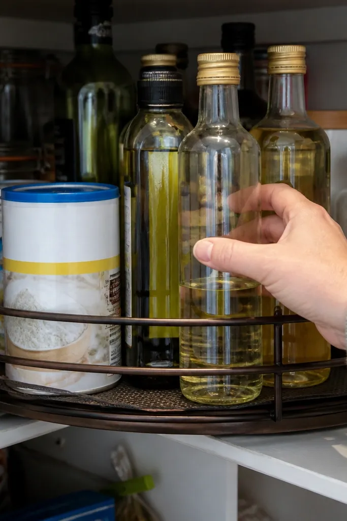 Small round turntable in pantry corner with jars neatly arranged and labels facing out