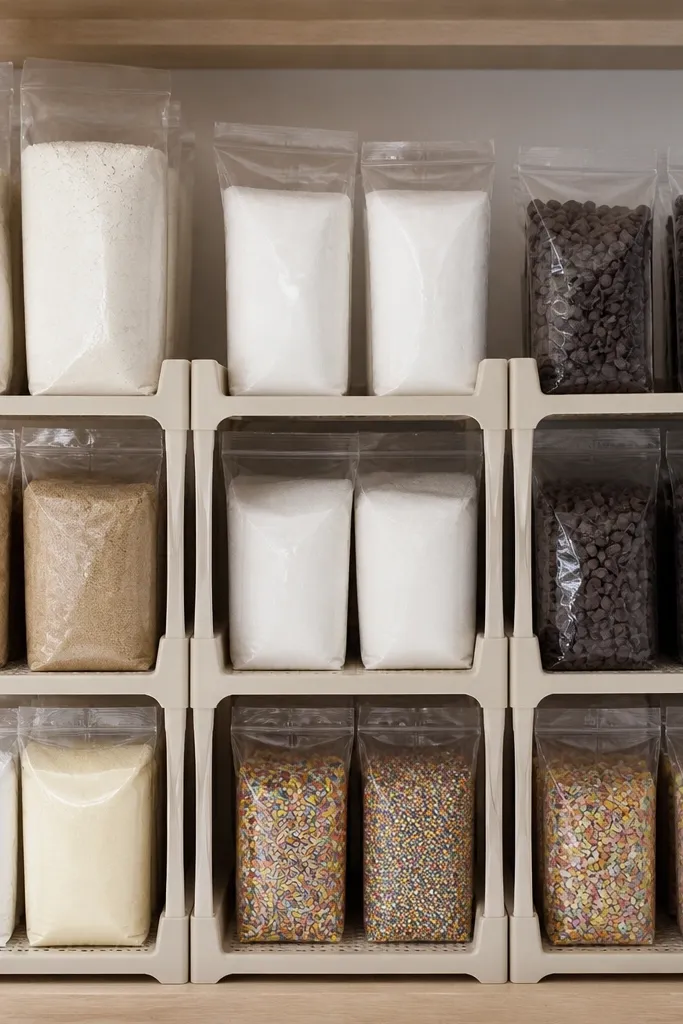 Two-tier risers on a pantry shelf with baking items arranged in straight rows