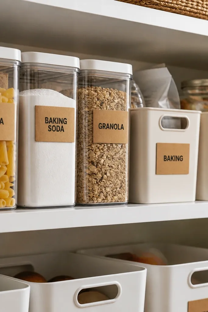 White pantry bins with kraft paper labels and black text lined up neatly