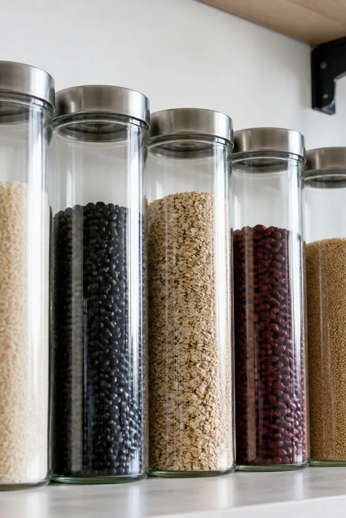 Tall white canisters in a line with lids closed and front labels aligned