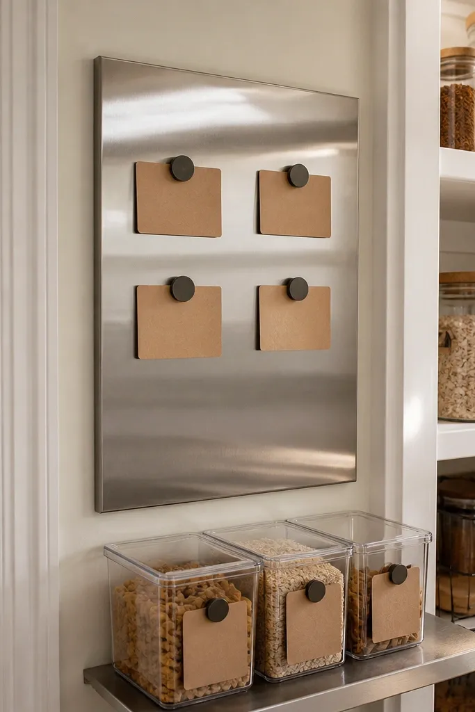 Small magnetic label board mounted inside pantry door with category cards
