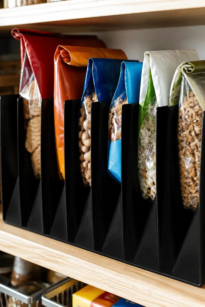 Accordion-style organizer holding snack bags upright with labels facing out