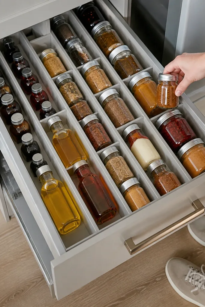 Slim drawer tray with small jars and bottles lined in neat compartments