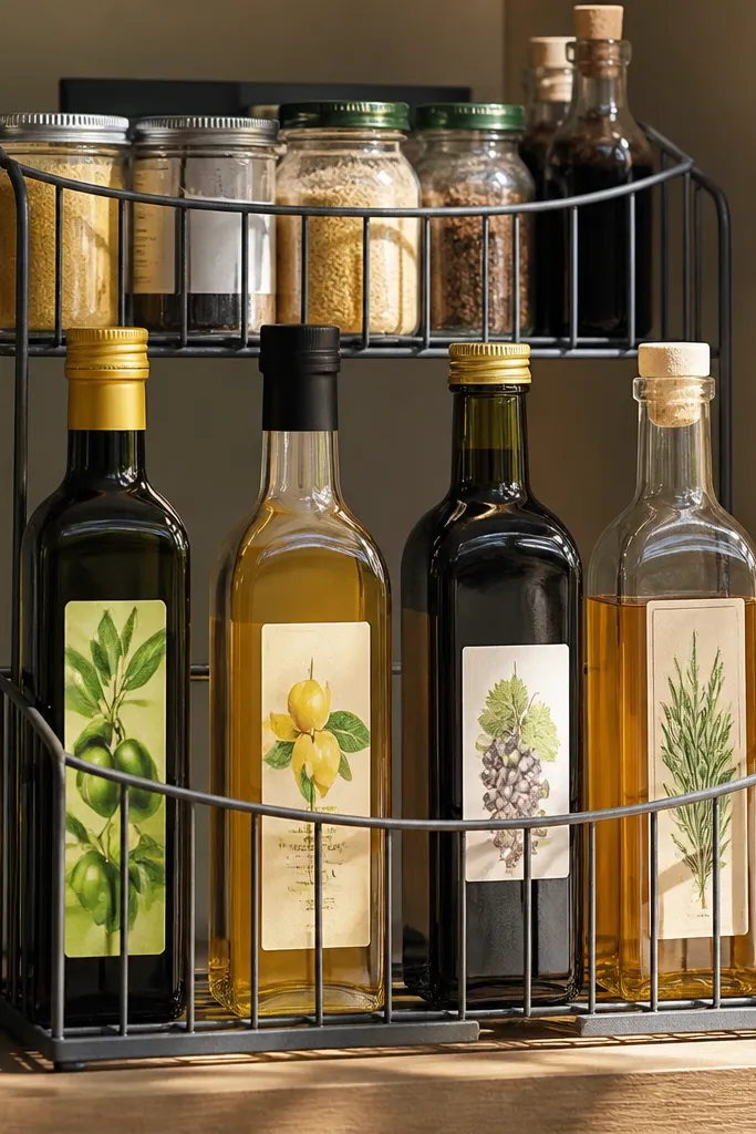 Two-tier basket with a front tray holding oils and vinegars in a tidy row