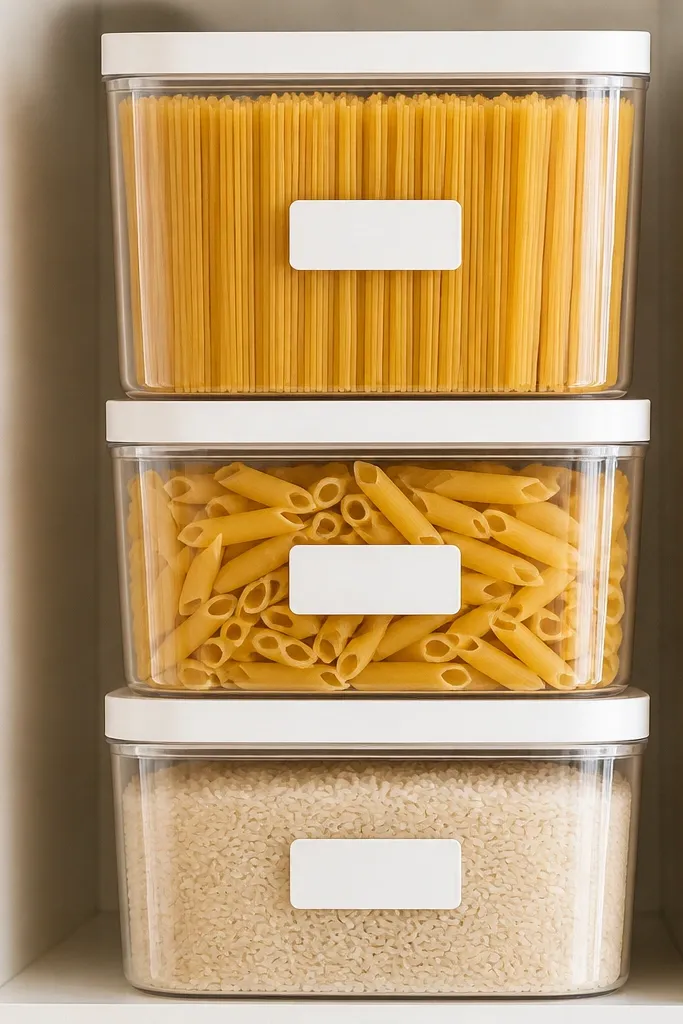 Clear stackable canisters arranged in rows for dry pasta with labels on the front