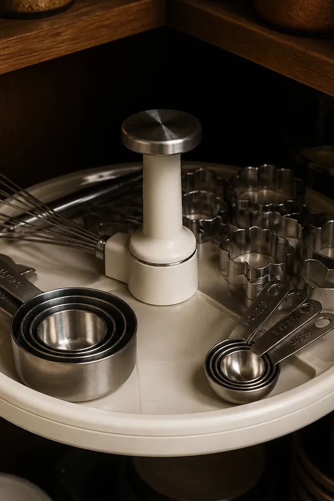 Small turntable on a corner shelf with baking tools and labeled containers
