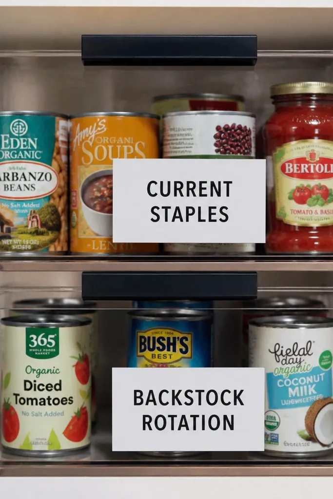 Stackable drawer bins in a pantry with labels and a front row for current items