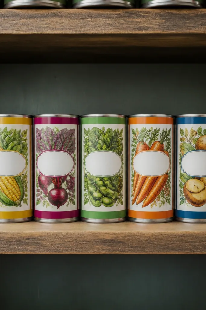 Canned goods arranged in a row with labels facing outward and consistent spacing
