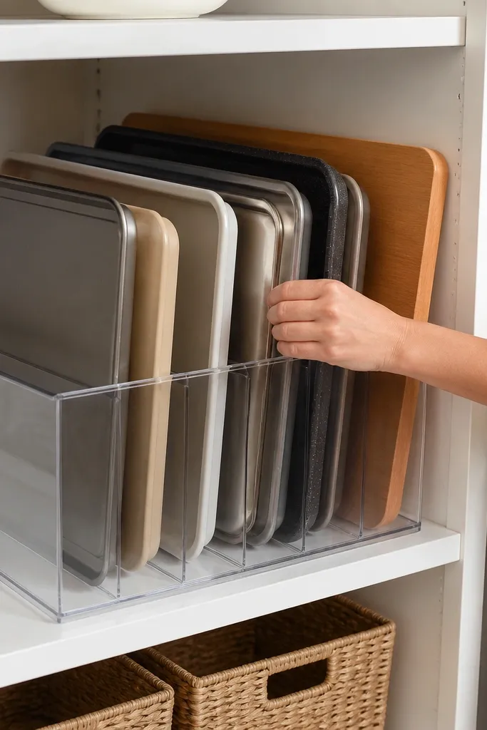 Flat clear organizer holding baking trays and sheets stacked neatly