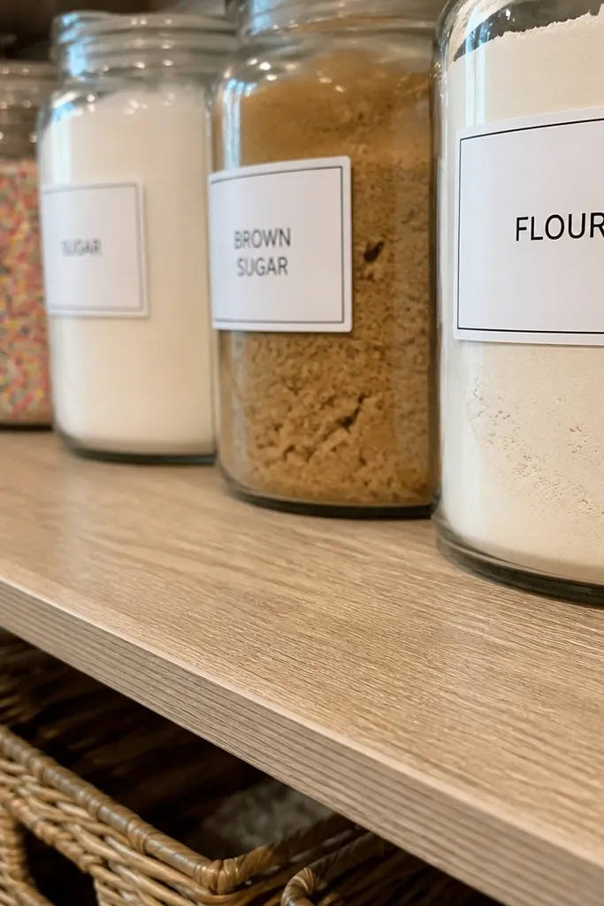 Wire pantry shelves covered with light wood boards and a straight front strip