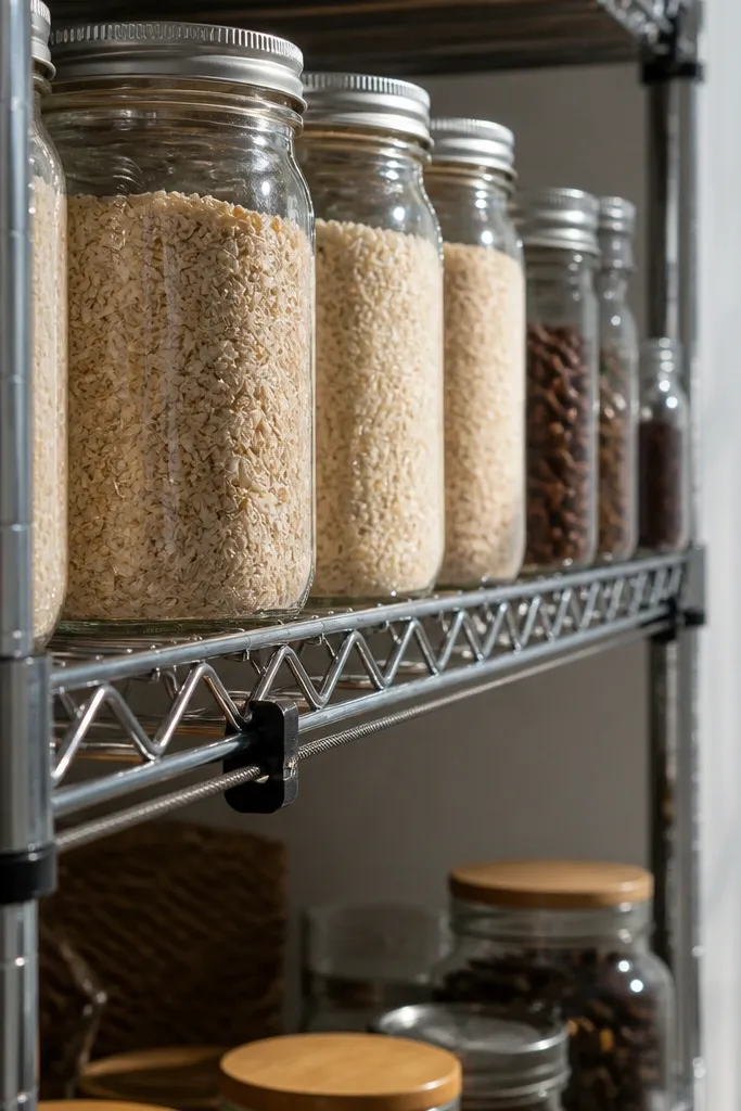 Two tensioned cables under a wire shelf with small corner brackets