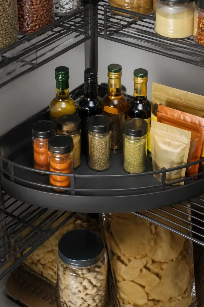 Triangular corner insert holding small bottles and spice jars neatly