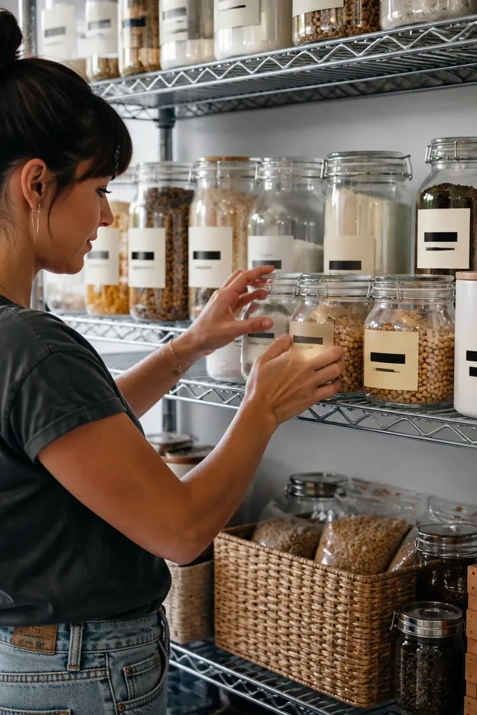Front-facing labels aligned in a row on pantry jars with consistent font blocks