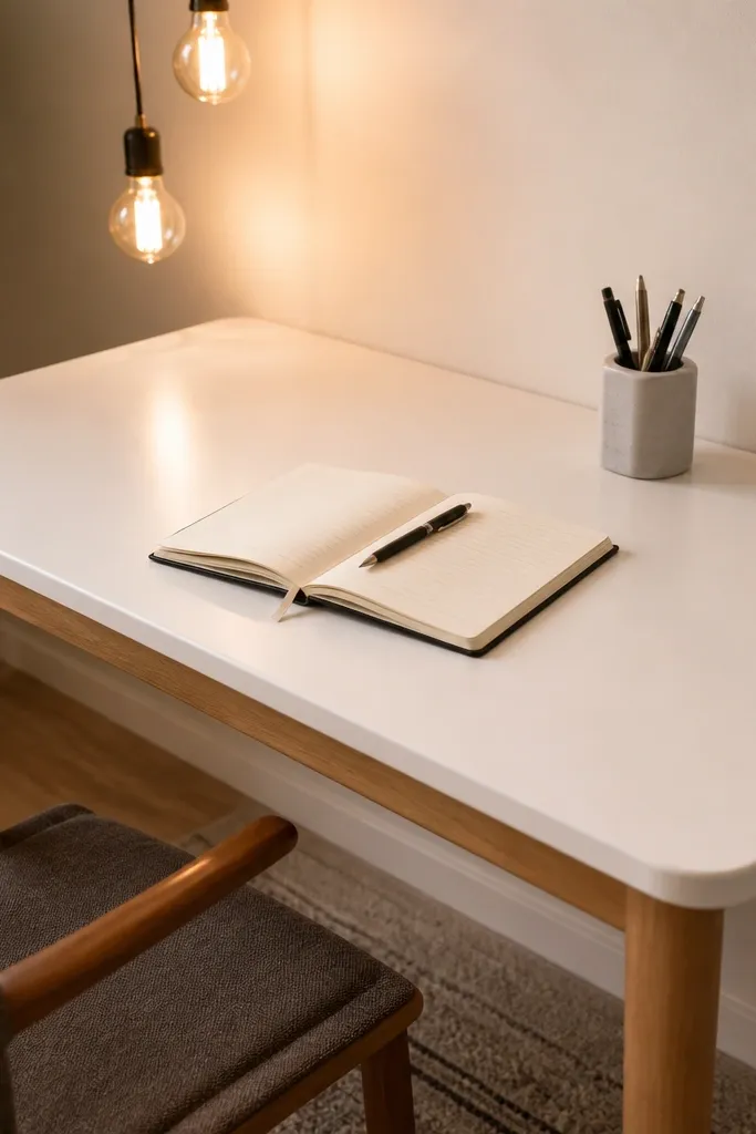 White desk with rounded trim and light wood legs