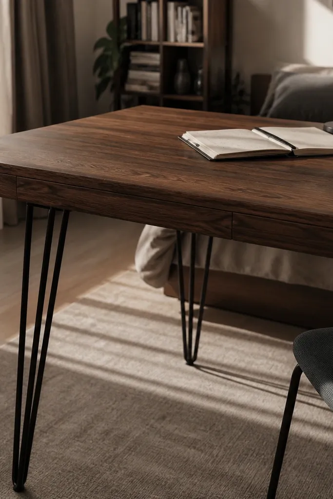Walnut laminate desk top on black hairpin legs