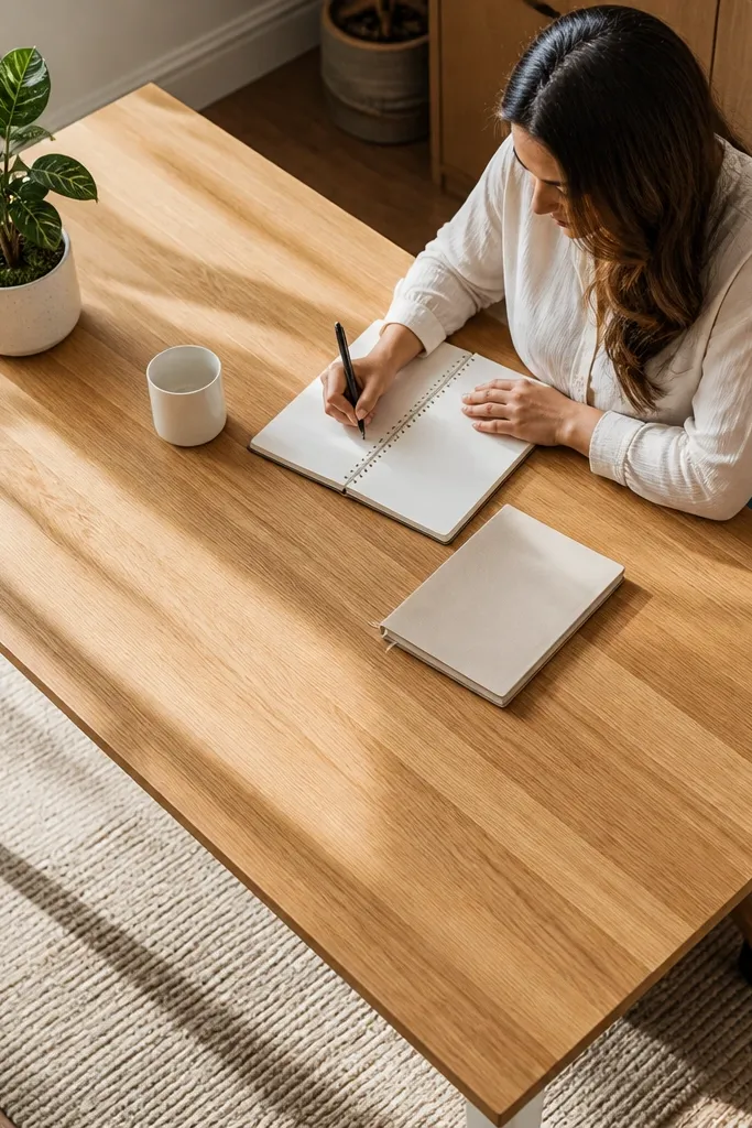 Wood-grain desk with clear finish and simple legs