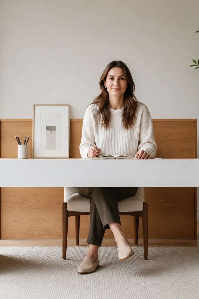 Desk with white front panel and oak-toned back surface