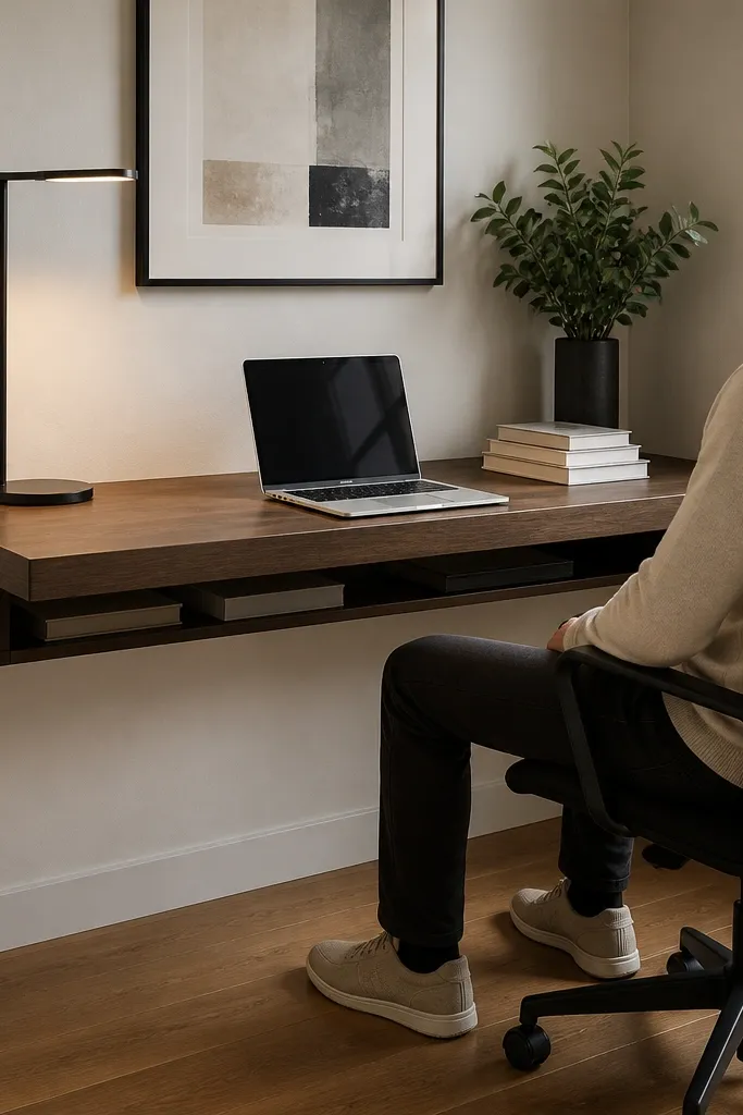 Wall-mounted desk surface with no visible legs