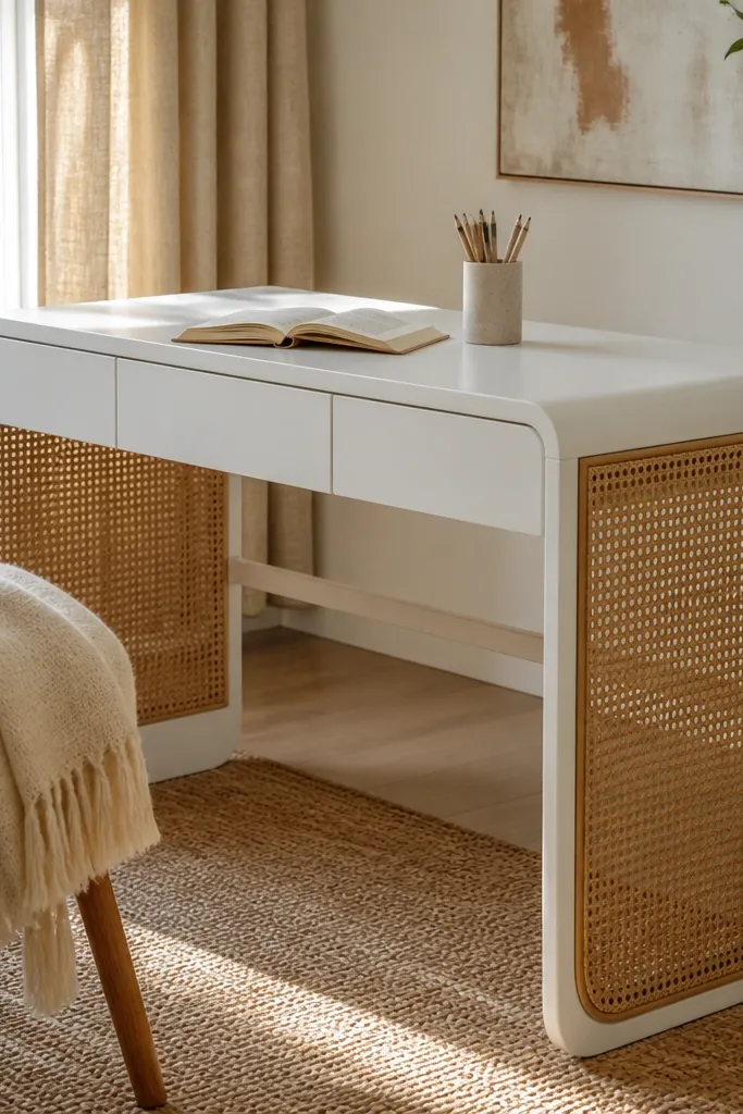 White desk with rattan trim along the edges