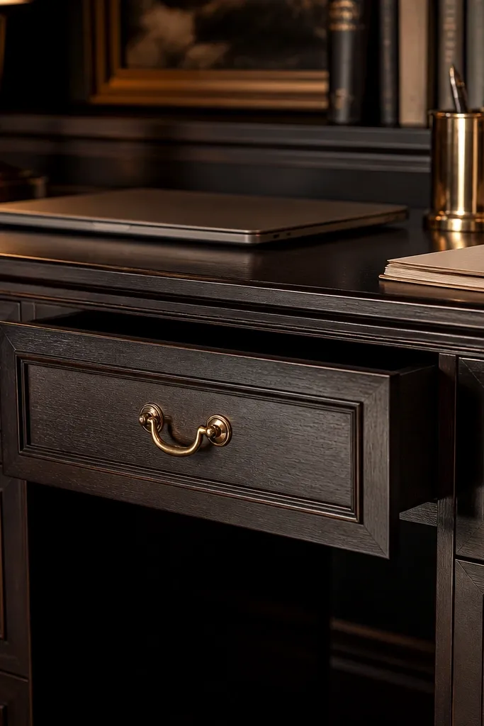 Dark brown desk drawer front with brass handles