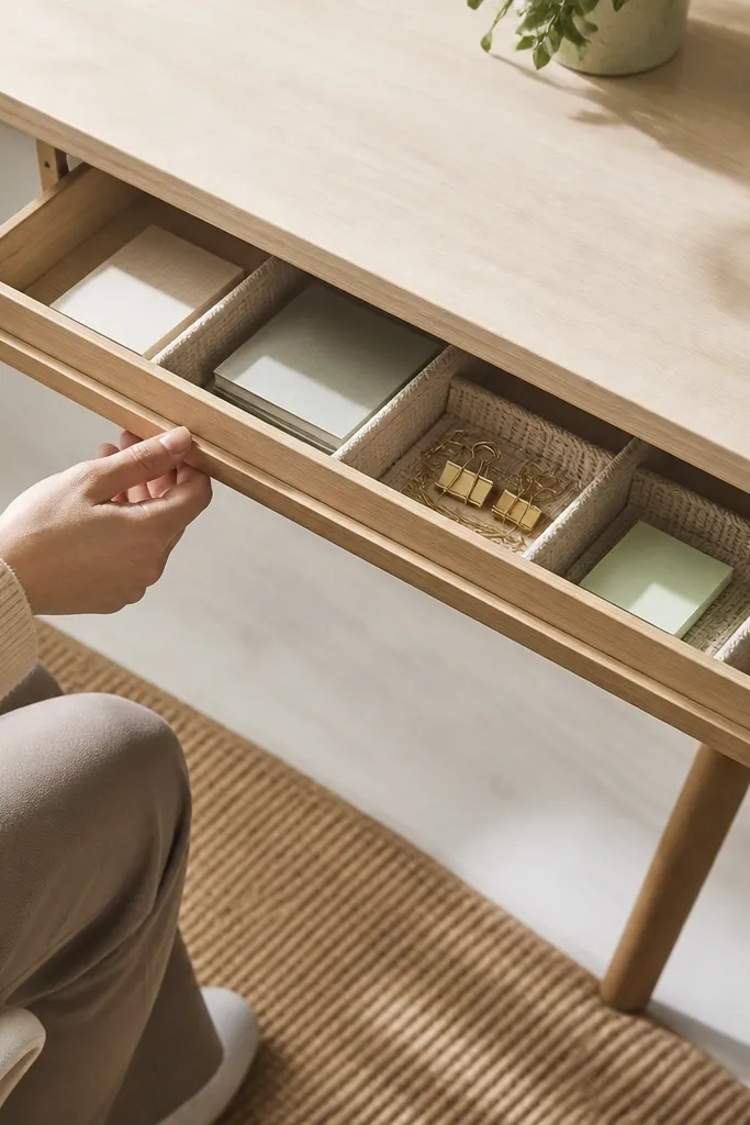 Study desk with small under-shelf and linen cord storage