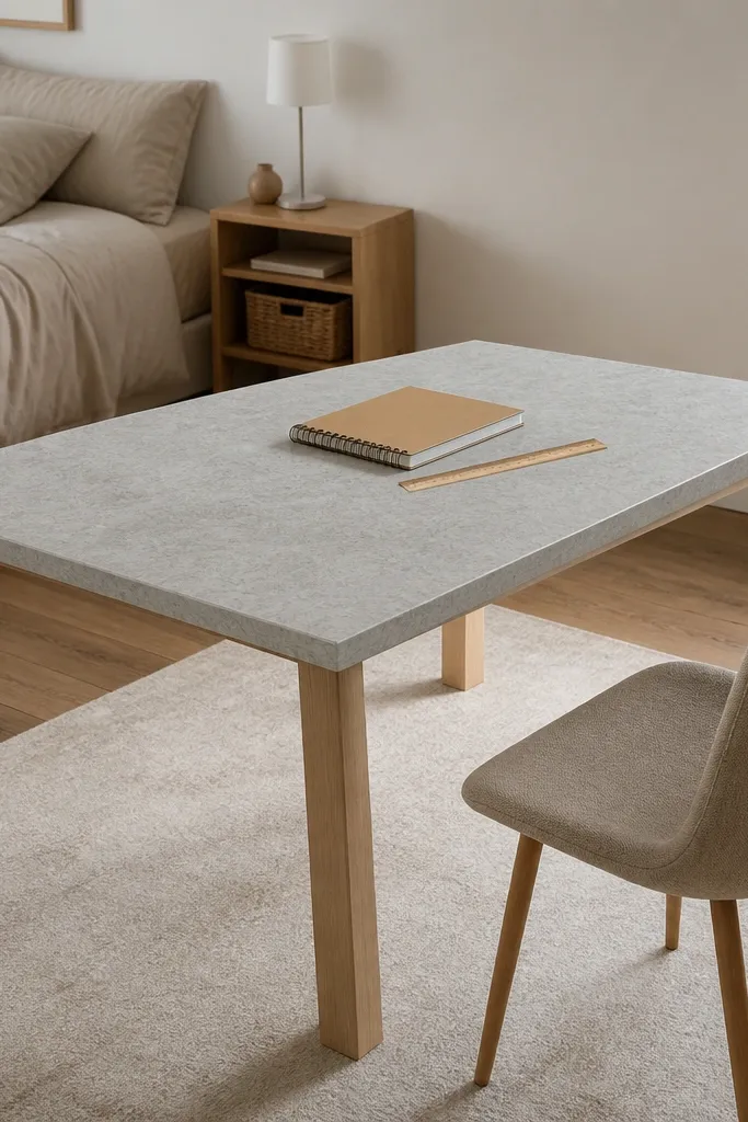 Gray desk top with speckled finish and pine legs