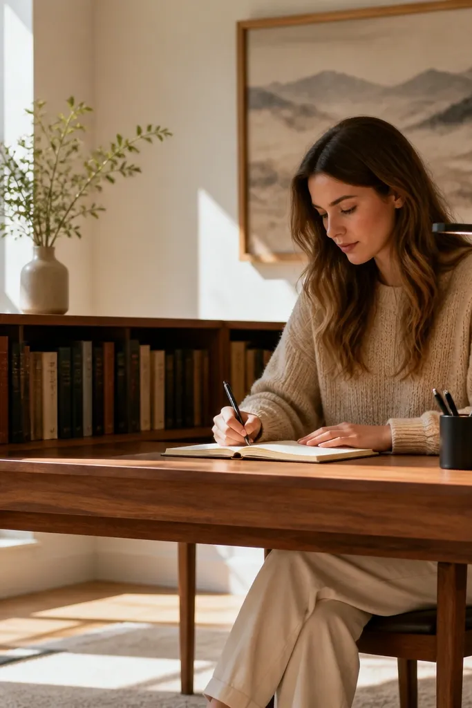 Desk with a built-in front rail shelf for books
