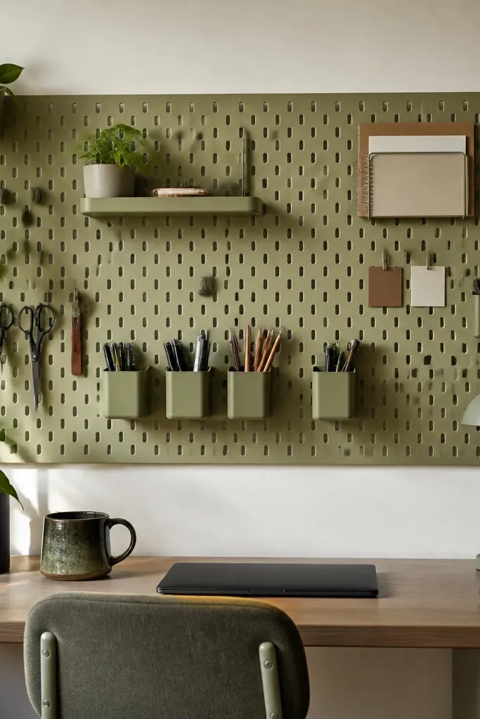 Desk with pegboard wall behind and coordinated hooks