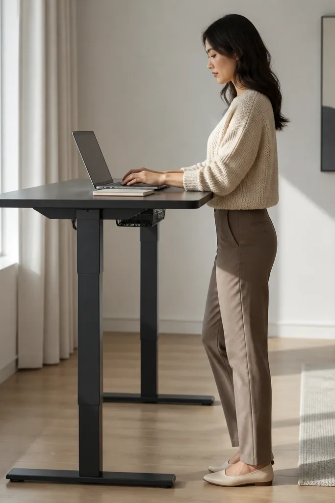 Slim desk with adjustable legs and clean tabletop