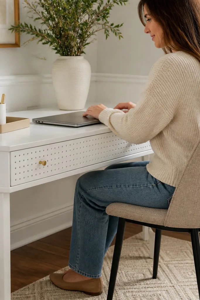 White desk with pegboard-style drawer front panel