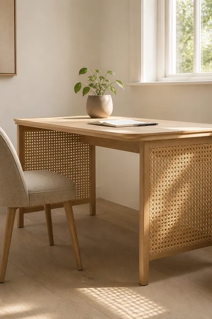 Desk with cane webbing panels on the sides