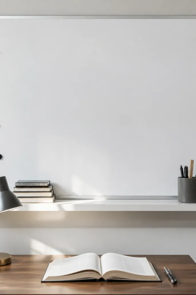 Desk with whiteboard panel behind and small shelf ledge