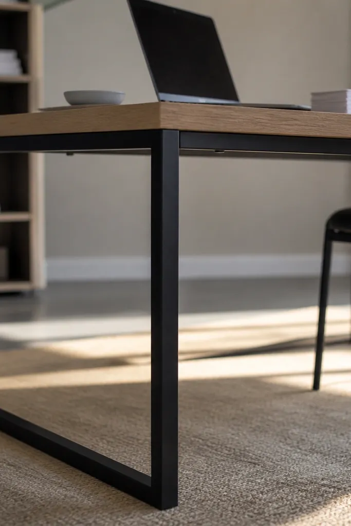 Black metal frame desk with light oak tabletop
