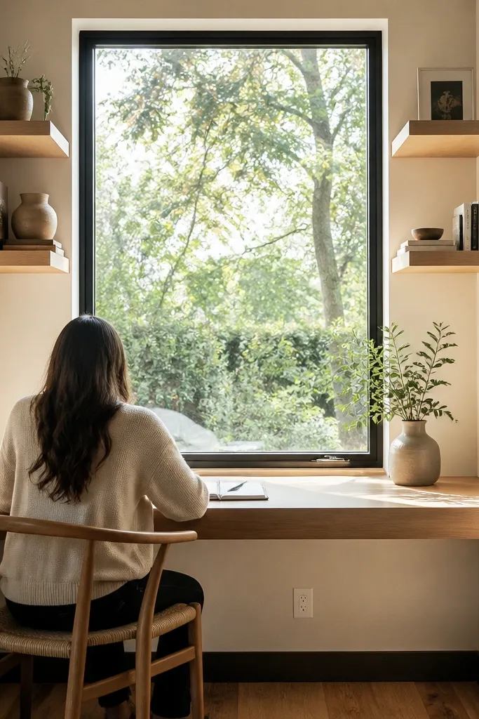 Desk built into window niche with floating shelves above