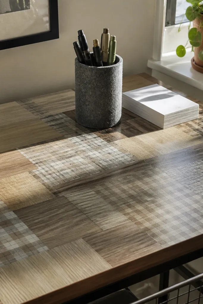 Desktop covered with patchwork contact paper patterns