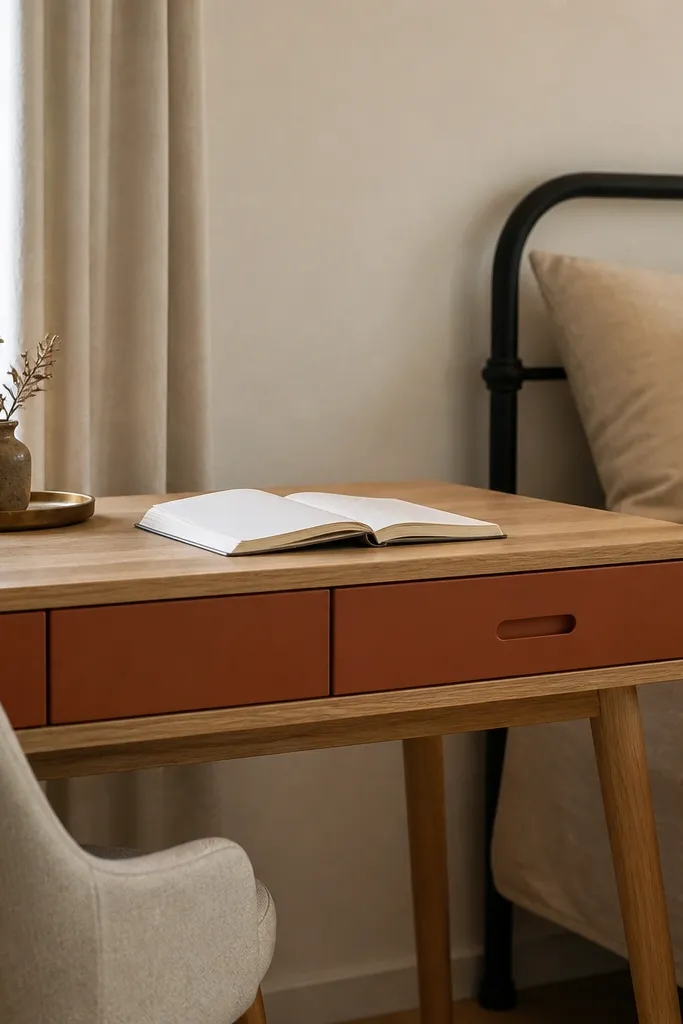 Desk with terracotta drawer accent and light wood top