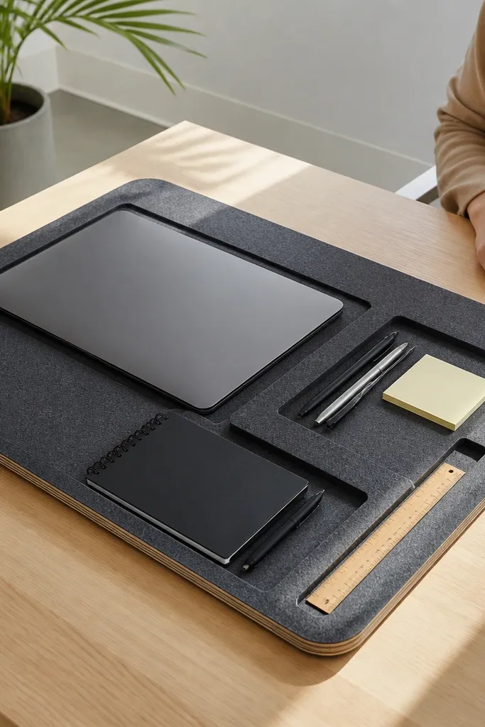 Desk with built-in tray insert and tidy desk supplies