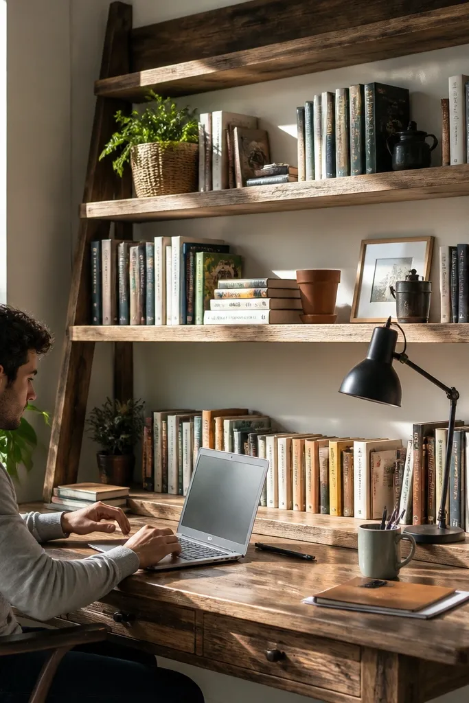 Desk with ladder-style shelving behind and above