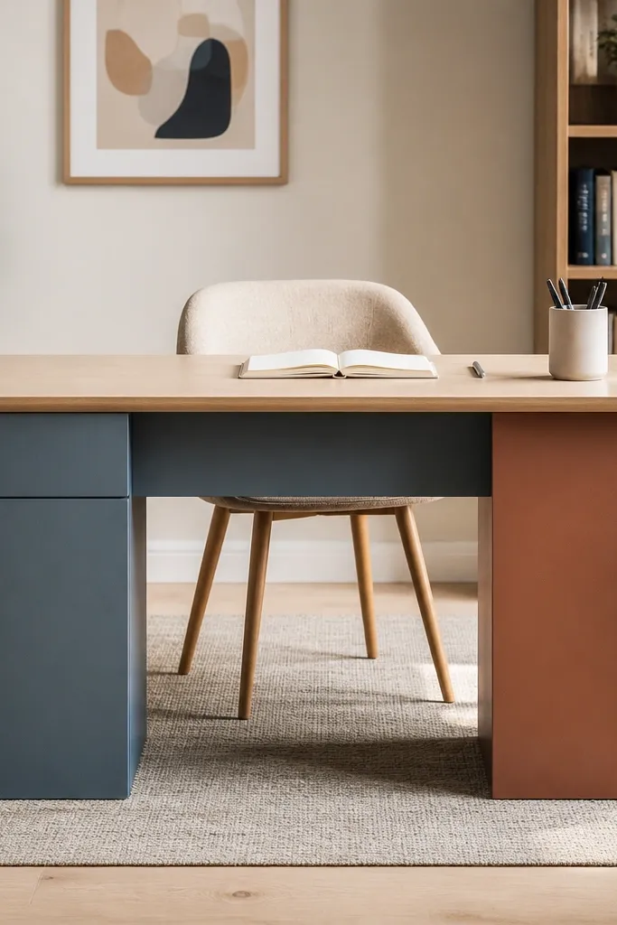 Neutral desk top with colorful base panels in muted tones