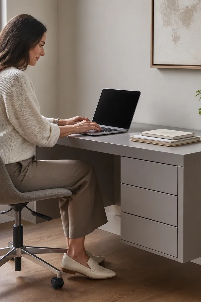 Warm gray desk with a floating stack of drawers under top