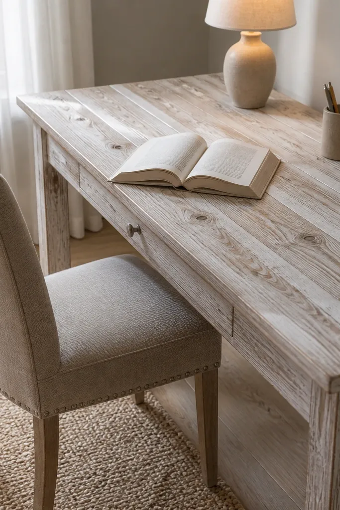 Whitewashed wood desk top with visible grain and simple base