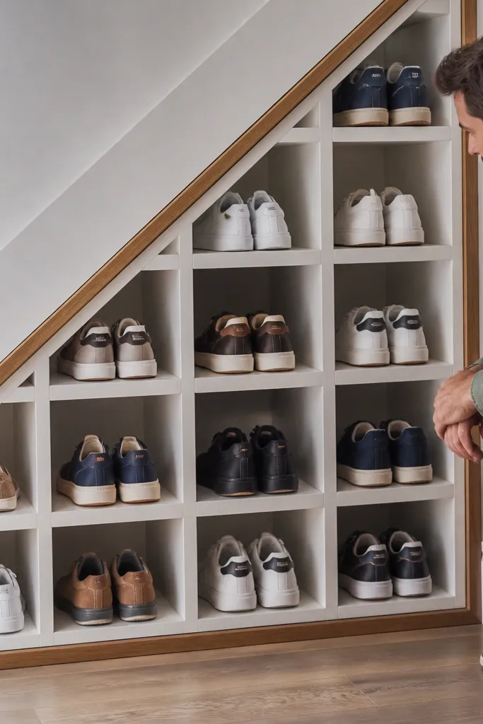 White framed cubbies under stairs with labels and a dark mat runner