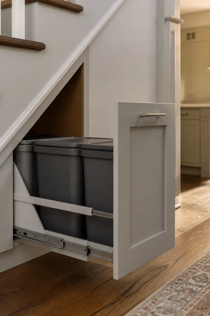 Under-stairs pull-out bin drawer with two containers and a grey cabinet front