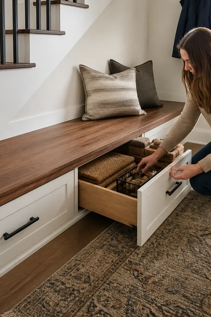 Under-stairs bench with drawers and a light wood seat top