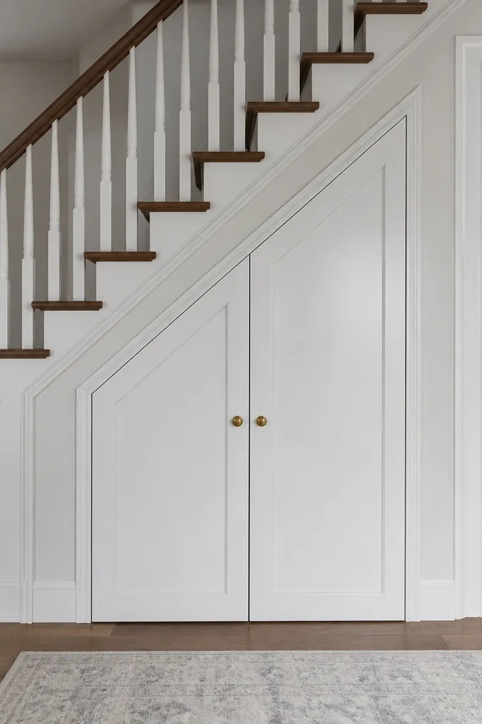 Painted tall cabinet with two doors under stairs and stacked storage bins inside
