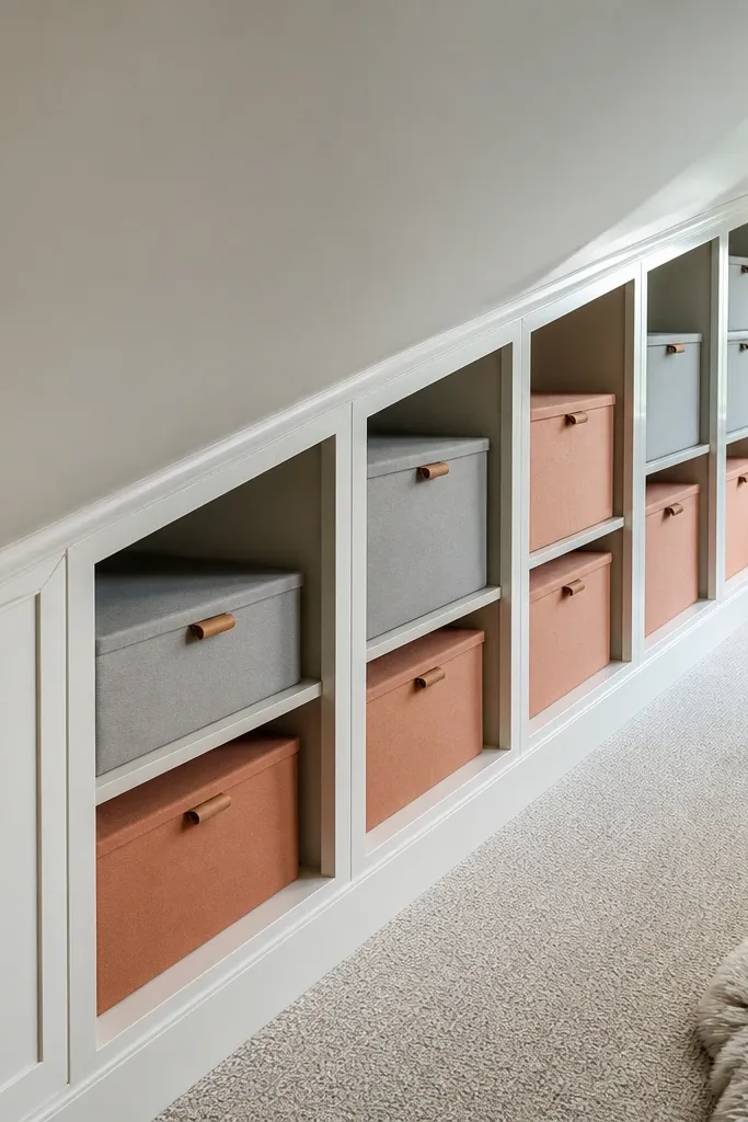 Open cubbies under stairs with tapered top edges and matching end trim