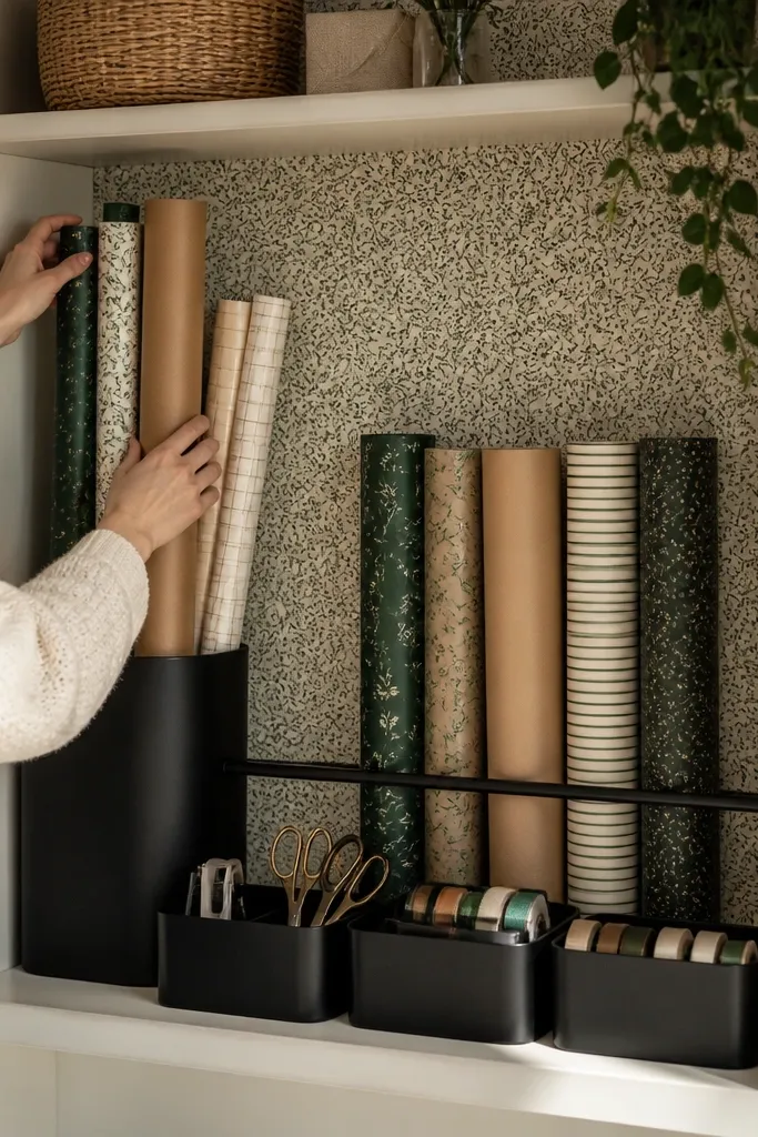 Under-stairs shelf with wallpaper back panel and rolled ribbon storage
