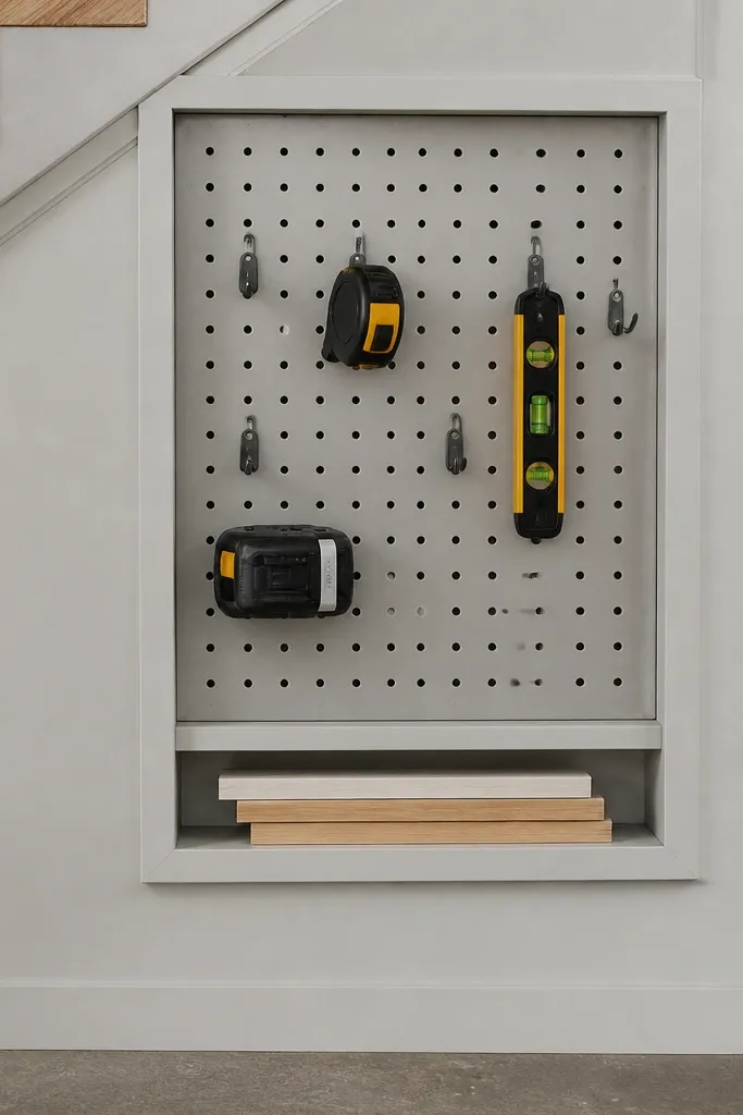 White pegboard under stairs with hooks, bins, and a small work shelf
