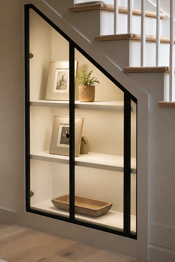Under-stairs cabinet with glass doors and warm wood shelves
